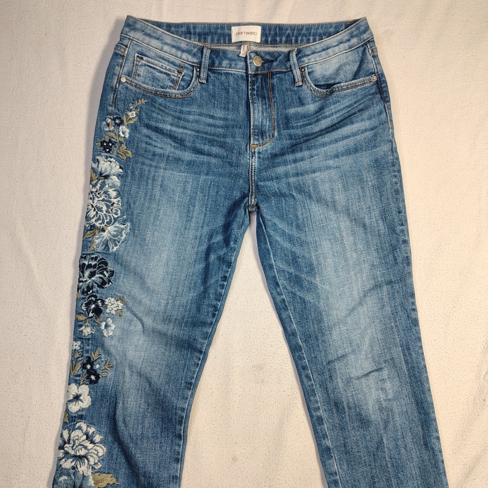 Driftwood Women Jackie Jeans 30x28 Blue Stretch Floral Embroidered Straight - Picture 2 of 14